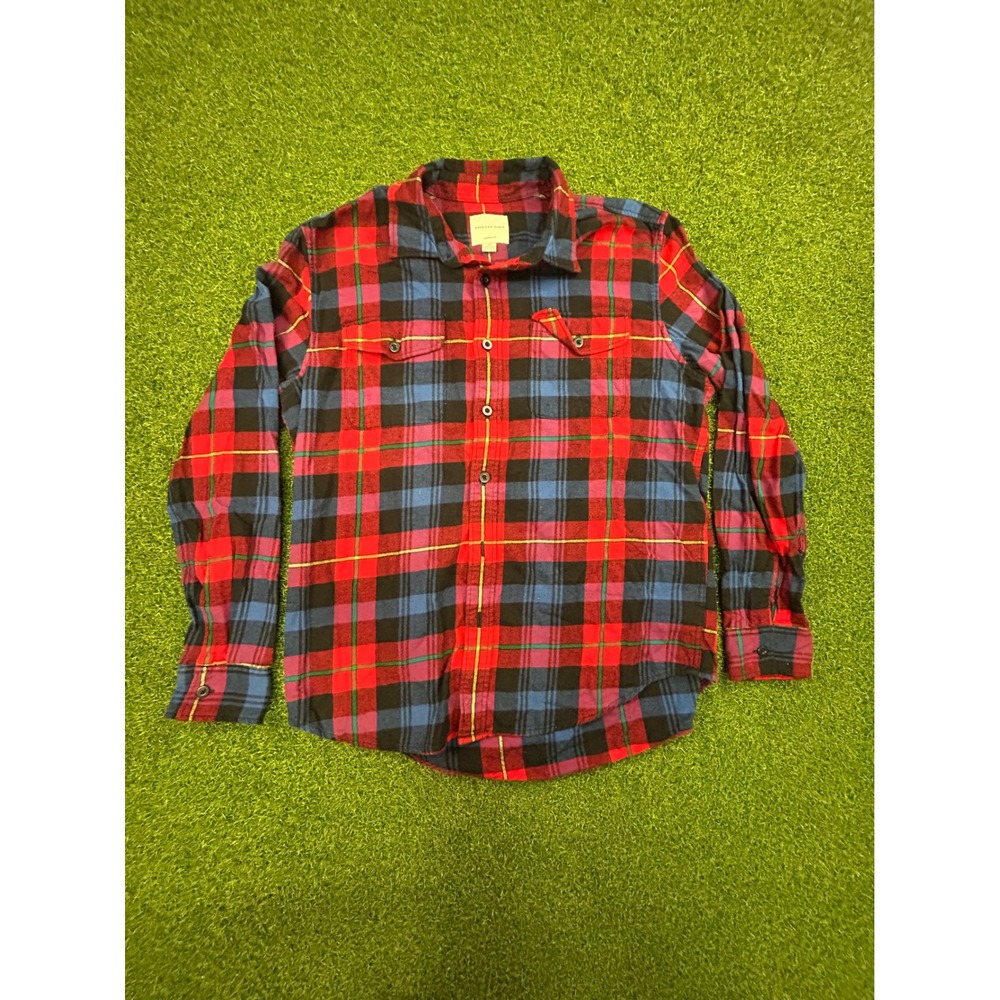 American Eagle Mens Large Red Blue Plaid Flannel Button Down Shirt Classic Fit